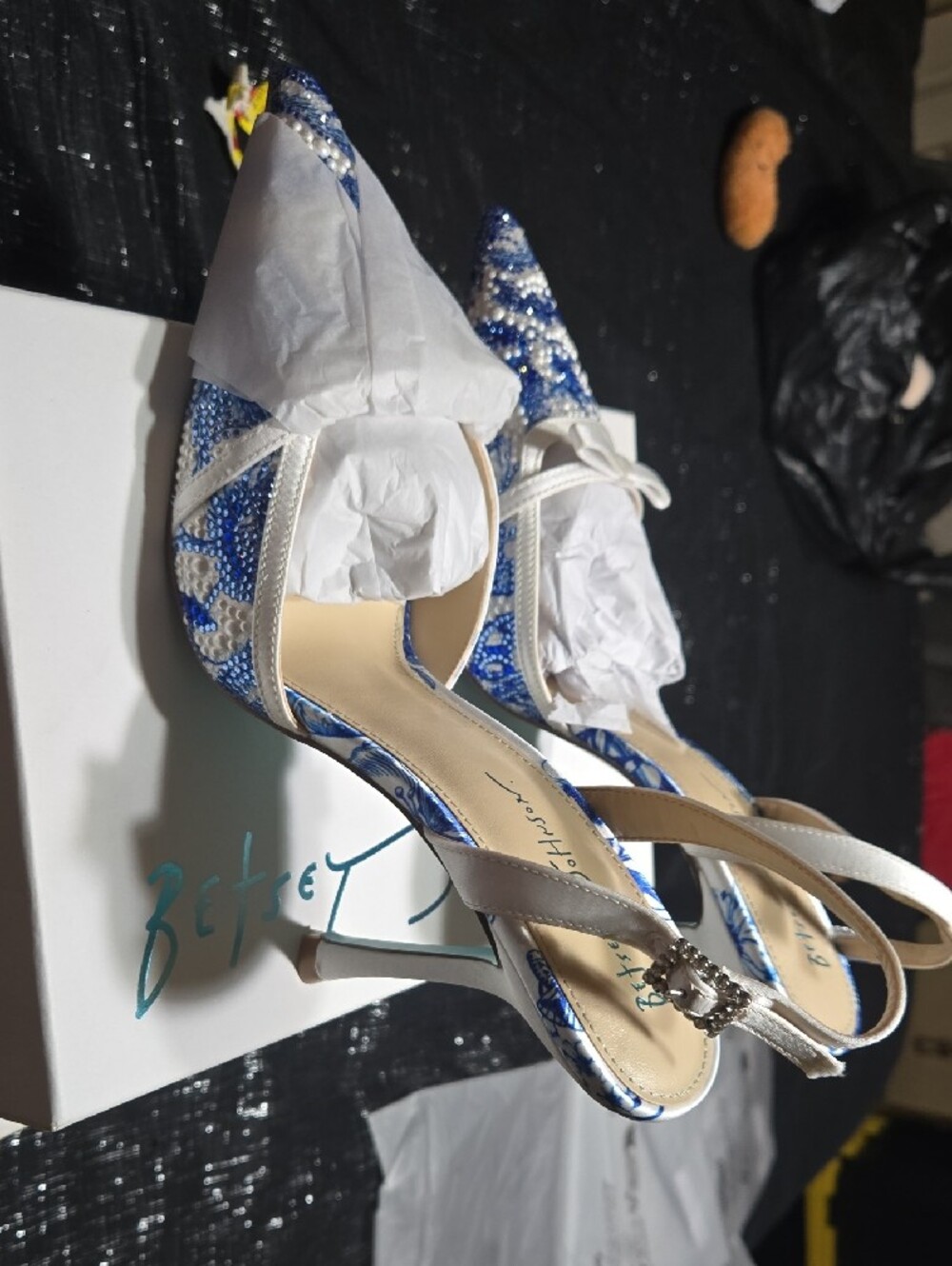 Betsey Johnson Roza...Blue & White Embellished Slingback Heels... Brand New!!! - Picture 2 of 5